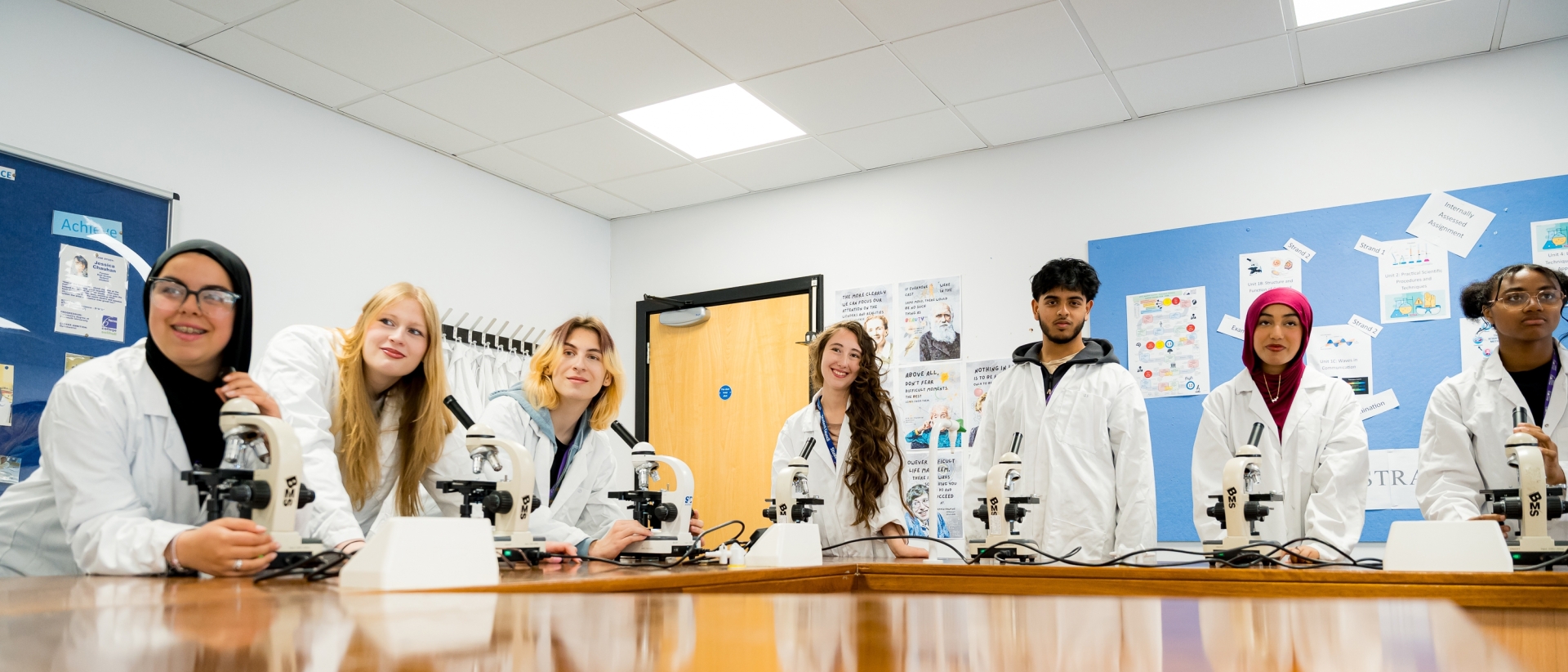 Students on campus at Solihull Sixth Form College in a Science lesson