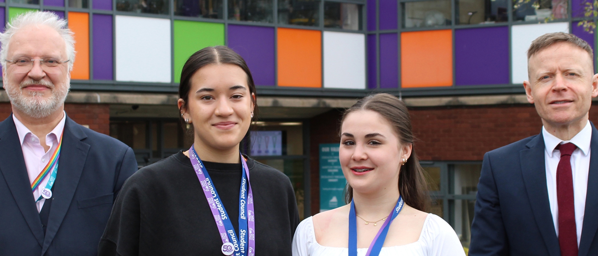 Principal Martin Sullivan and Summit Learning Trust CEO Vince Green with students at Solihull Sixth Form College