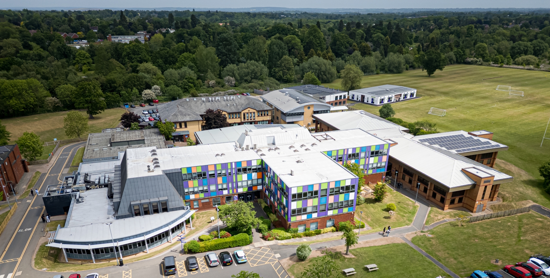Aerial view of Solihull Sixth Form College's green belt campus