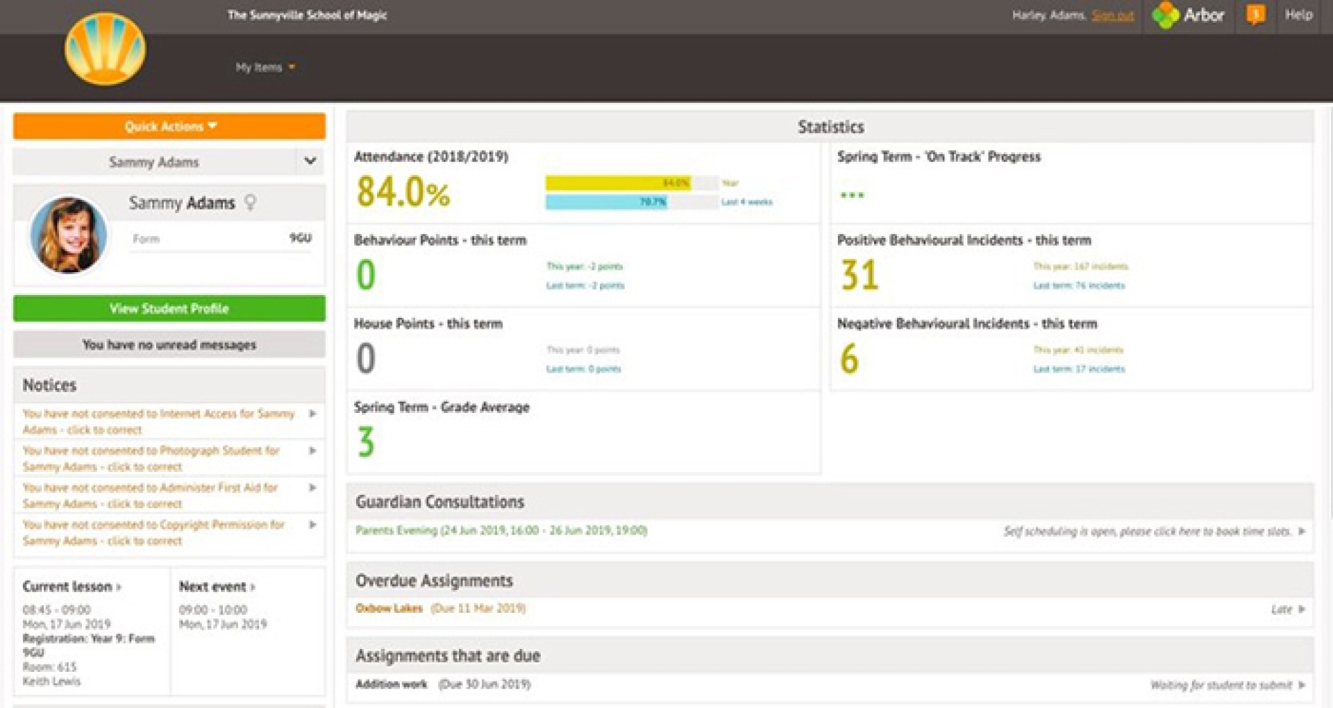Screenshot of Solihull Sixth Form College's Arbor portal