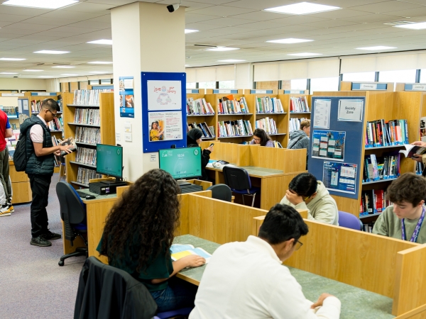 Students on campus at Solihull Sixth Form College in the Library and Learning Resource Centre