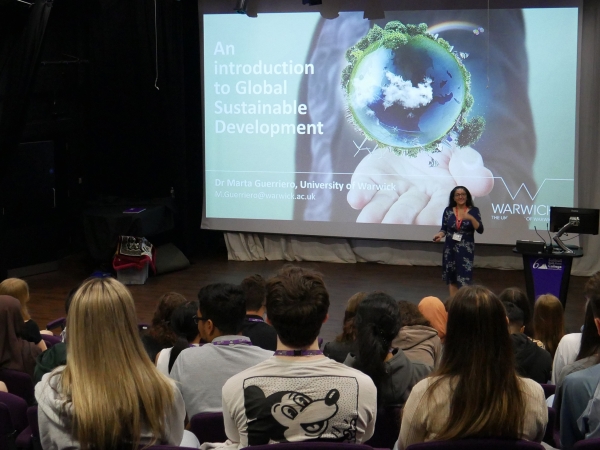 Dr Marta Guerriero, Associate Professor in Global Sustainable Development at the University of Warwick, delivered a lecture on Global Sustainable Development to Solihull Sixth Form College learners at the 2025 Stretch & Challenge Summer School